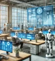 DALL·E 2025-03-01 16.43.48 - A futuristic office environment with humans and robots working together at desks. The scene shows a collaborative work setting, where AI is supporting