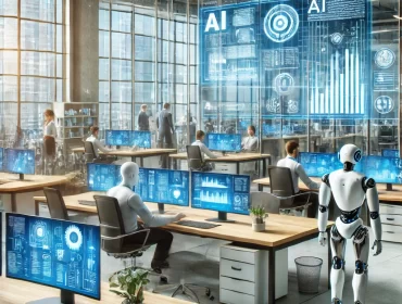 DALL·E 2025-03-01 16.43.48 - A futuristic office environment with humans and robots working together at desks. The scene shows a collaborative work setting, where AI is supporting
