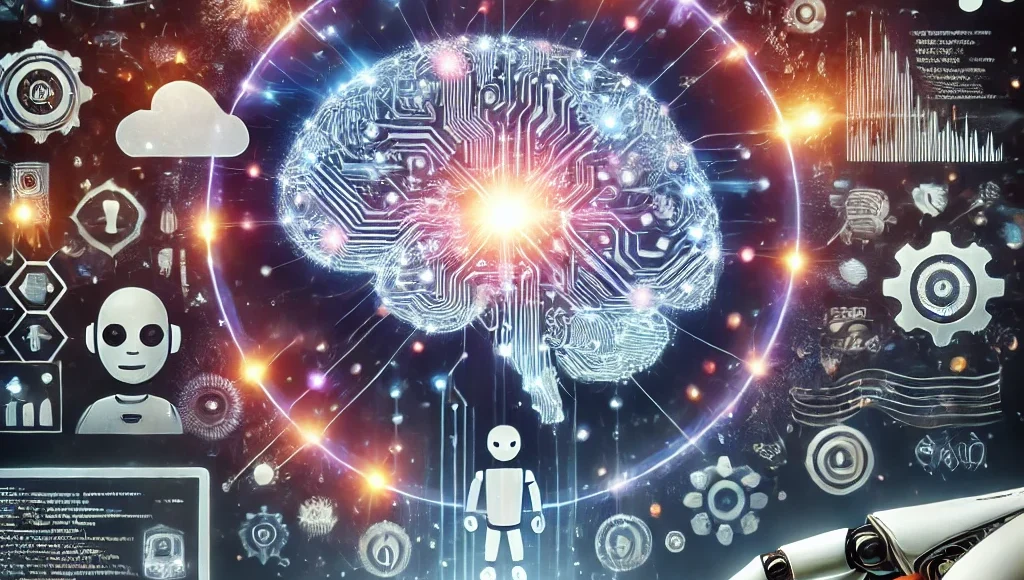 DALL·E 2025-03-02 00.58.52 - Une illustration moderne et futuriste représentant les dernières innovations marquantes dans le domaine de l'IA générative. L'image devrait inclure un